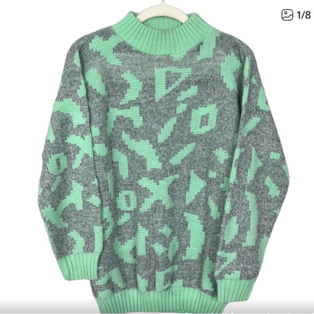 Jolie Vintage Abstract Mint & Grey Knit Sweater | 80s/90s Chunky Pullover